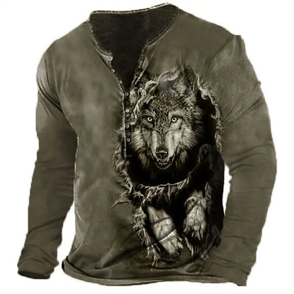 3D Wolf Men's T-Shirt - Polyester Long Sleeve Henry Collar