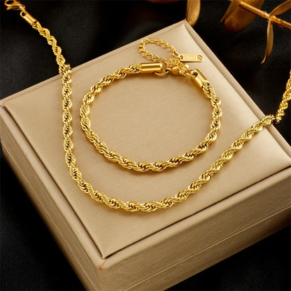 Gold Stainless Steel Chain Necklace & Bracelet Set