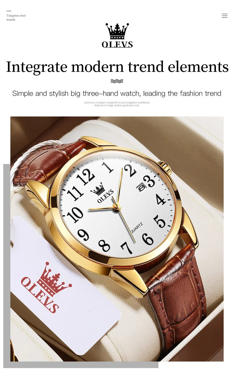 OLEVS 5566 Watch - Fashion Quartz, Leather Strap, Waterproof, Arabic Numeral, Men & Women