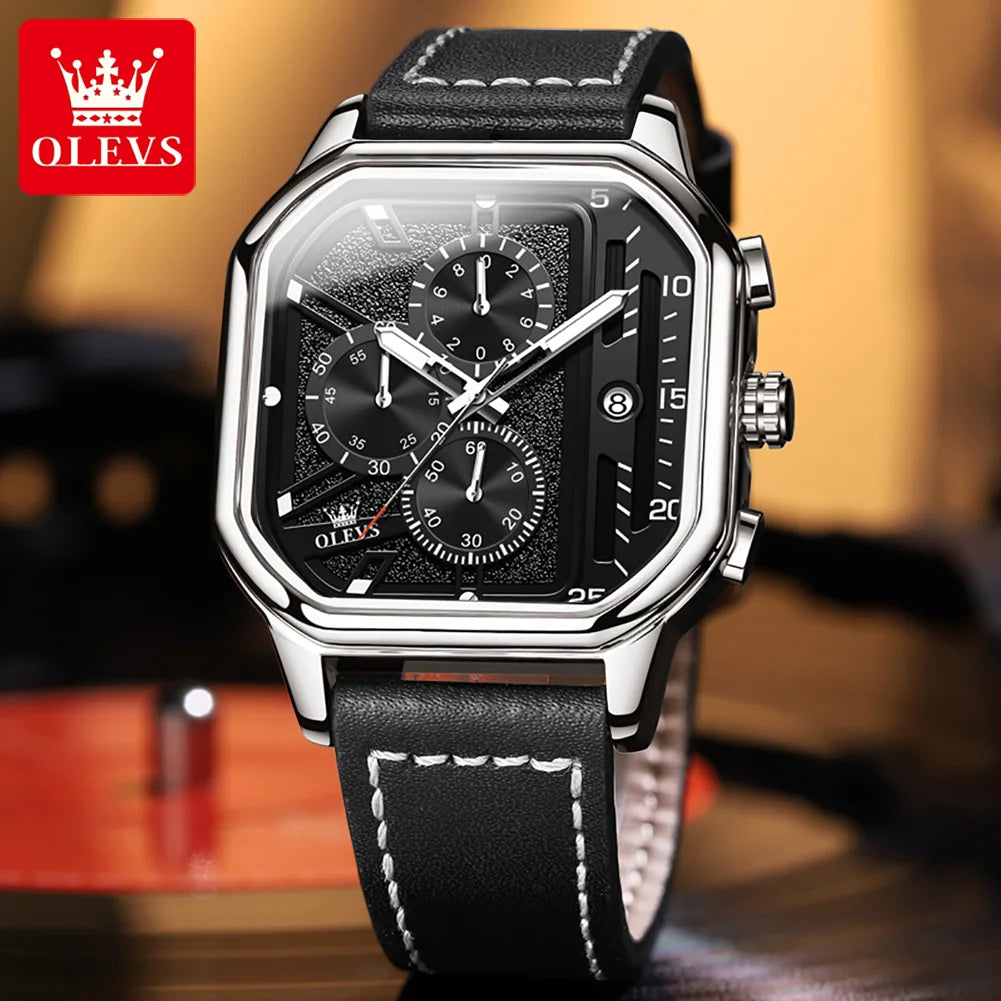 OLEVS 9950 Men's Watch - Square Sport, Waterproof, Leather Strap, Stopwatch, Backlight