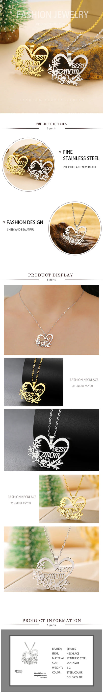Mom Heart Flower Pendant Necklace – Stainless Steel, Gold & Silver, 45cm