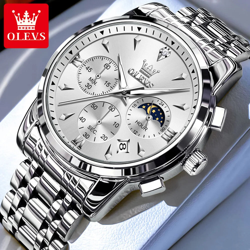 OLEVS Moon Phase Watch - Gold Blue Stainless Steel Chronograph