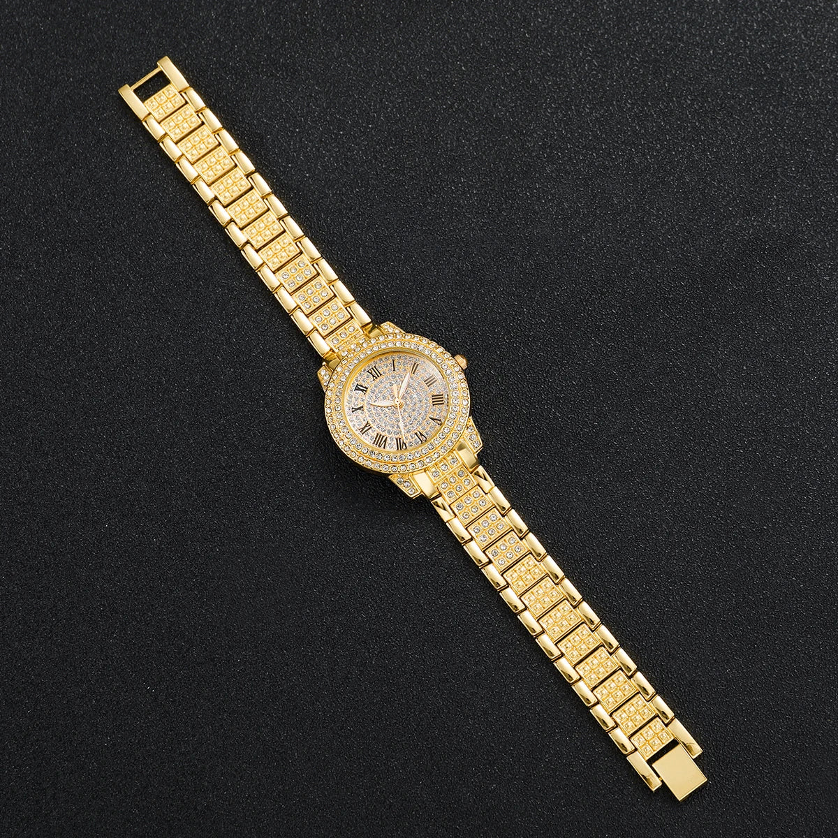 Women's Diamond Roman Numeral Quartz Watch & Heart Jewelry Set - Alloy Band, 32mm, No Box