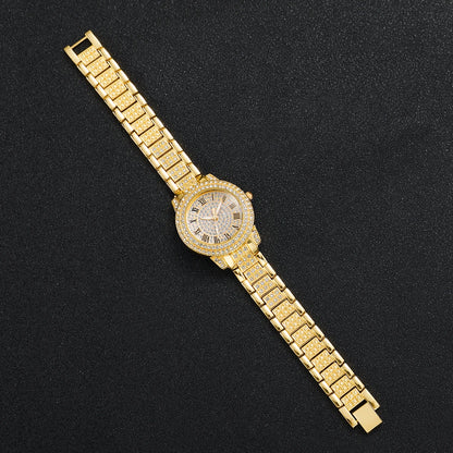 Women's Diamond Roman Numeral Quartz Watch & Heart Jewelry Set - Alloy Band, 32mm, No Box