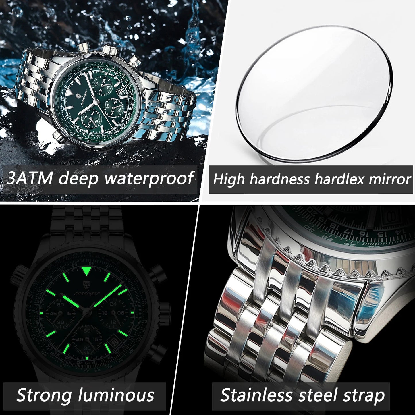 POEDAGAR 960 Men's Luxury Chronograph Watch - Stainless Steel, Luminous, 3ATM, Auto Date