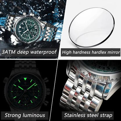 POEDAGAR 960 Men's Luxury Chronograph Watch - Stainless Steel, Luminous, 3ATM, Auto Date