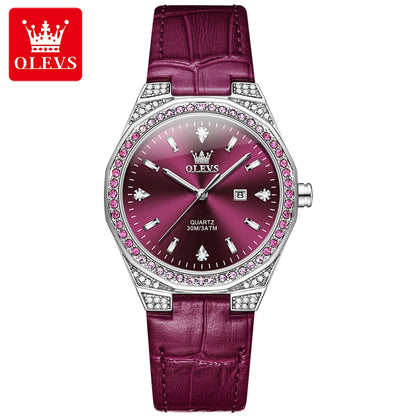 OLEVS 5606 Original Diamond Watch - Leather Strap, 3M Waterproof, Luminous