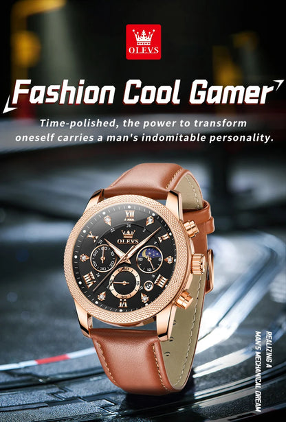 OLEVS 3660 Men's Watch - Moon Phase, Chronograph, Leather Strap, Waterproof, Anti-Magnetic