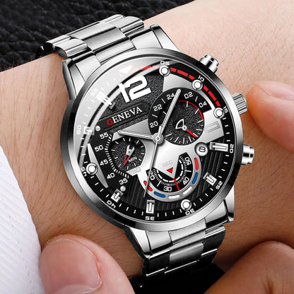 yolako 3pcs Men's Quartz Watch, Necklace & Bracelet Set - Stainless Steel, Numberless Dial, 42mm