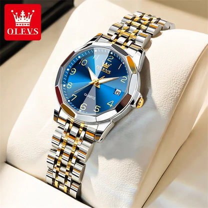 OLEVS 9970 Couple Watch - Luxury, Stainless Steel, Waterproof, Calendar, Digital Dial, Rhombus Mirror