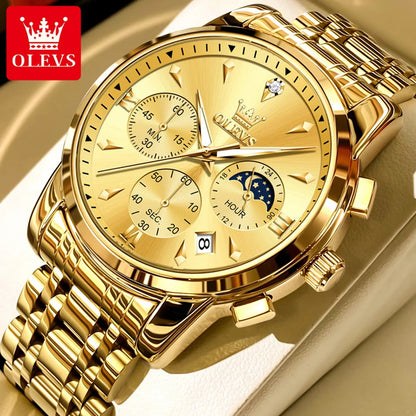 OLEVS Moon Phase Watch - Gold Blue Stainless Steel Chronograph