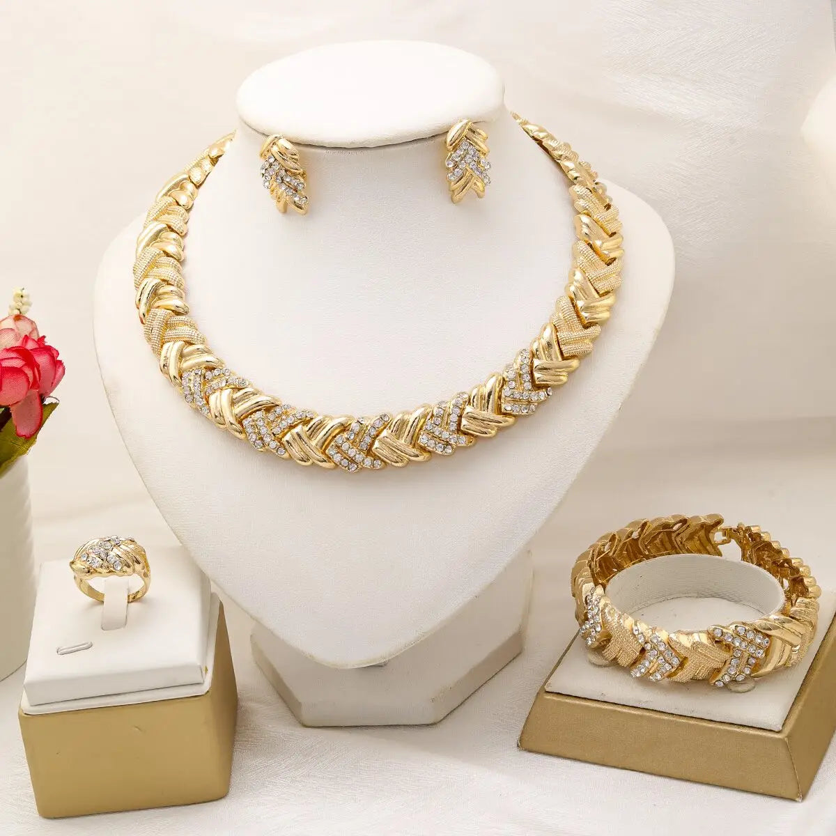 Bridal Jewelry Set - 18K Gold Plated Necklace, Earrings, Bracelet & Ring