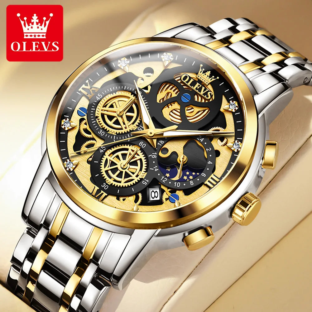 OLEVS 9947 Men's Watch - Luxury, Waterproof, Gold Skeleton, 24 Hour Day Night, Quartz