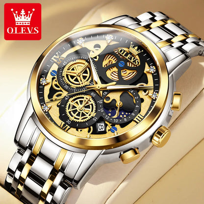 OLEVS 9947 Men's Watch - Luxury, Waterproof, Gold Skeleton, 24 Hour Day Night, Quartz