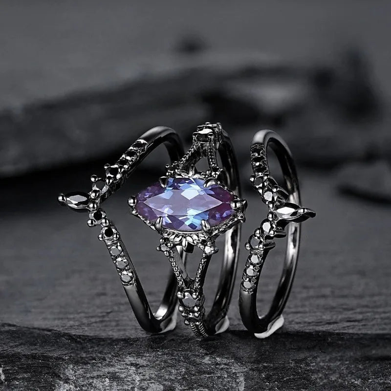 Black Stone Ring Set - Blue & Black Oval & Round Rings