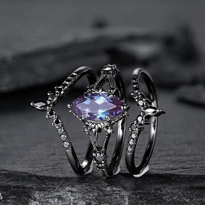Black Stone Ring Set - Blue & Black Oval & Round Rings