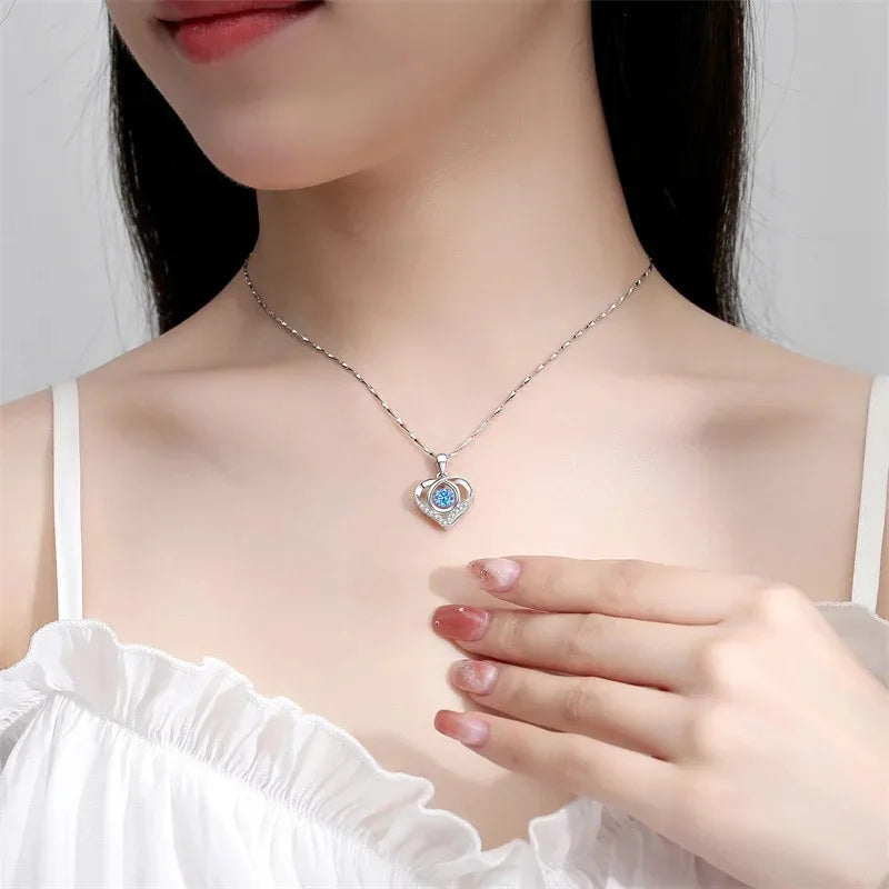 925 Sterling Silver Heart Necklace & Bracelet Set - Blue Crystal