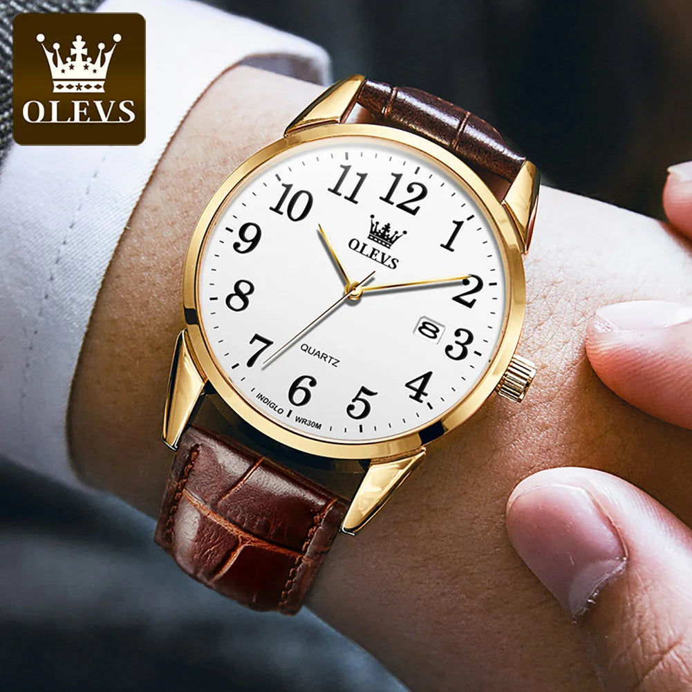 OLEVS 5566 Watch - Fashion Quartz, Leather Strap, Waterproof, Arabic Numeral, Men & Women