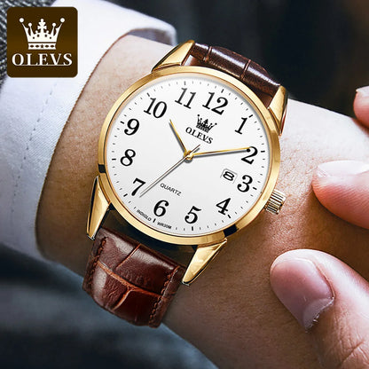 OLEVS 5566 Watch - Fashion Quartz, Leather Strap, Waterproof, Arabic Numeral, Men & Women