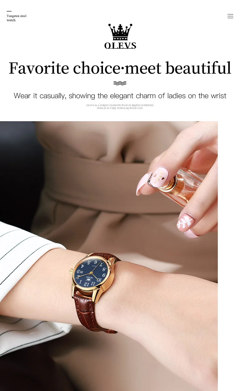 OLEVS 5566 Watch - Fashion Quartz, Leather Strap, Waterproof, Arabic Numeral, Men & Women