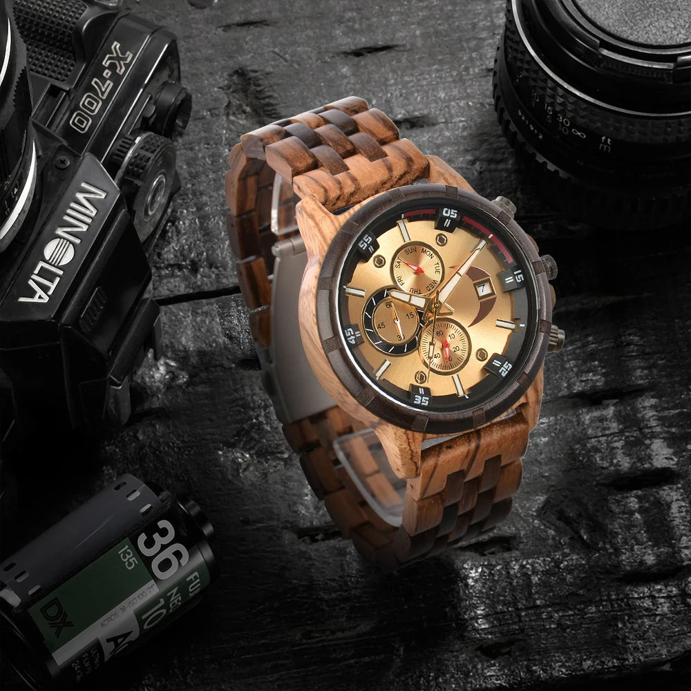 Rainch Men’s Wooden Quartz Watch with Dual Time Zones and Calendar