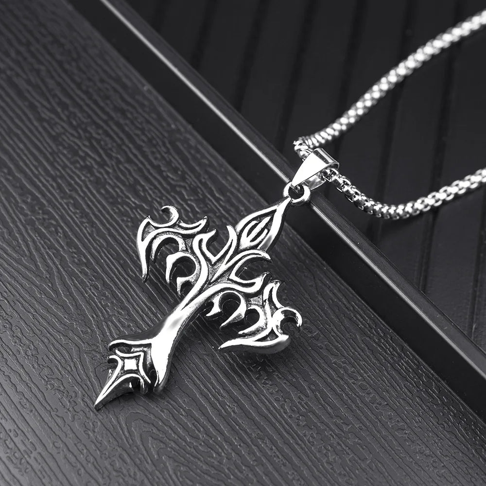 Vintage Flame Cross Pendant Necklace - 60cm Gothic Chain