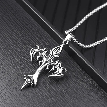 Vintage Flame Cross Pendant Necklace - 60cm Gothic Chain