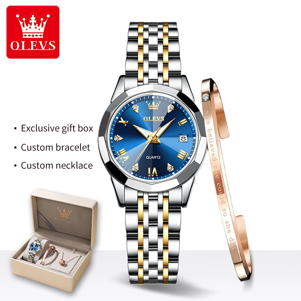 OLEVS 9931 Women's Watch - Stainless Steel, Dual Calendar, Luxury, Waterproof, Jewelry Set