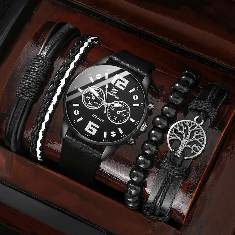 Men's 5pcs Retro Big Dial Quartz Watch & Bracelet Set - Leather Band, Arabic Numeral, 41mm