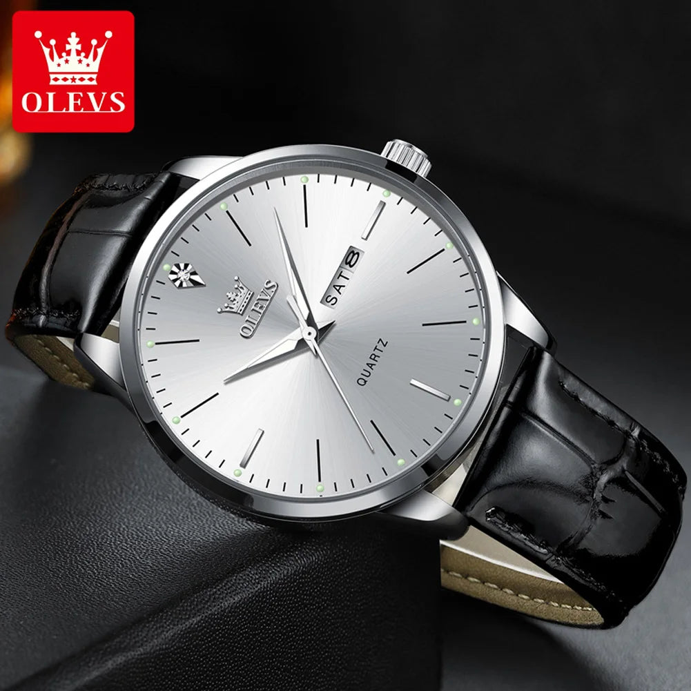 OLEVS 2935 Men's Watch - 43mm, Dual Calendar, Luminous, 3ATM Waterproof, Leather Strap