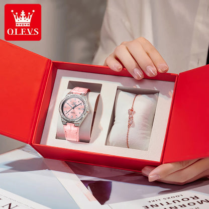 OLEVS 5606 Original Diamond Watch - Leather Strap, 3M Waterproof, Luminous