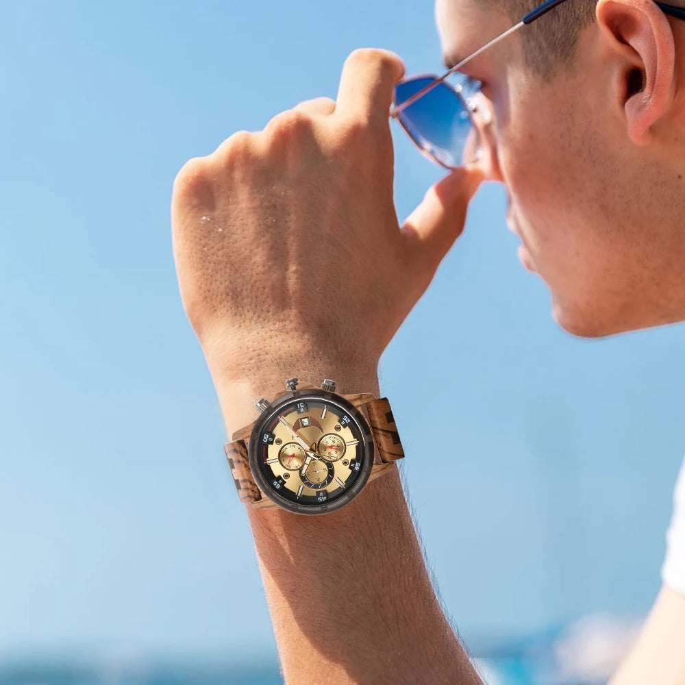 Rainch Men’s Wooden Quartz Watch with Dual Time Zones and Calendar