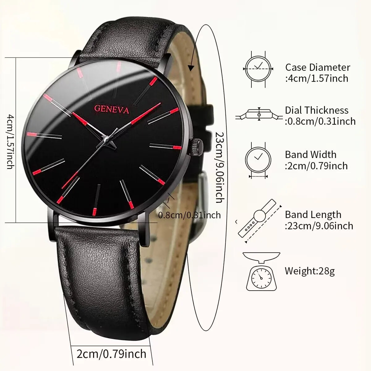 yolako 4pcs Men's Ultra-Thin Quartz Watch, Bracelet, Necklace & Ring Set - Leather Band, 40mm, No Box