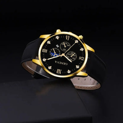 DEYROS 2pcs Men's Luxury Quartz Watch & Bracelet Set - Leather Band, Numberless Dial, No Box