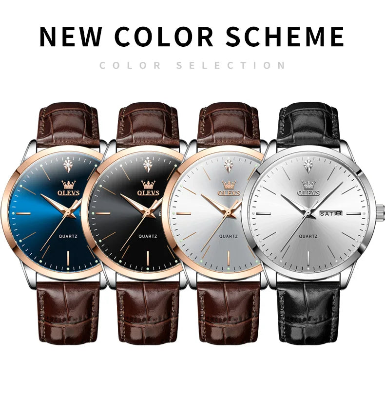 OLEVS 2935 Men's Watch - 43mm, Dual Calendar, Luminous, 3ATM Waterproof, Leather Strap