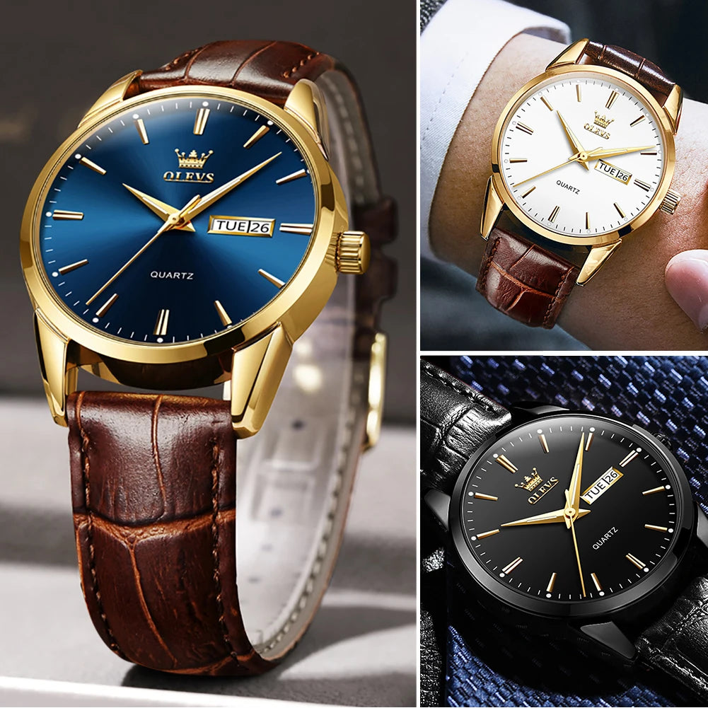 OLEVS 6898 Men's Watch - Simple Blue Face, Waterproof, Leather Strap, Business Casual, Automatic