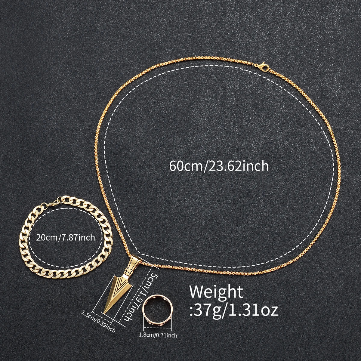 yolako 4pcs Men's Quartz Watch, Bracelet, Necklace & Ring Set - Alloy, Arabic Numeral, 40mm