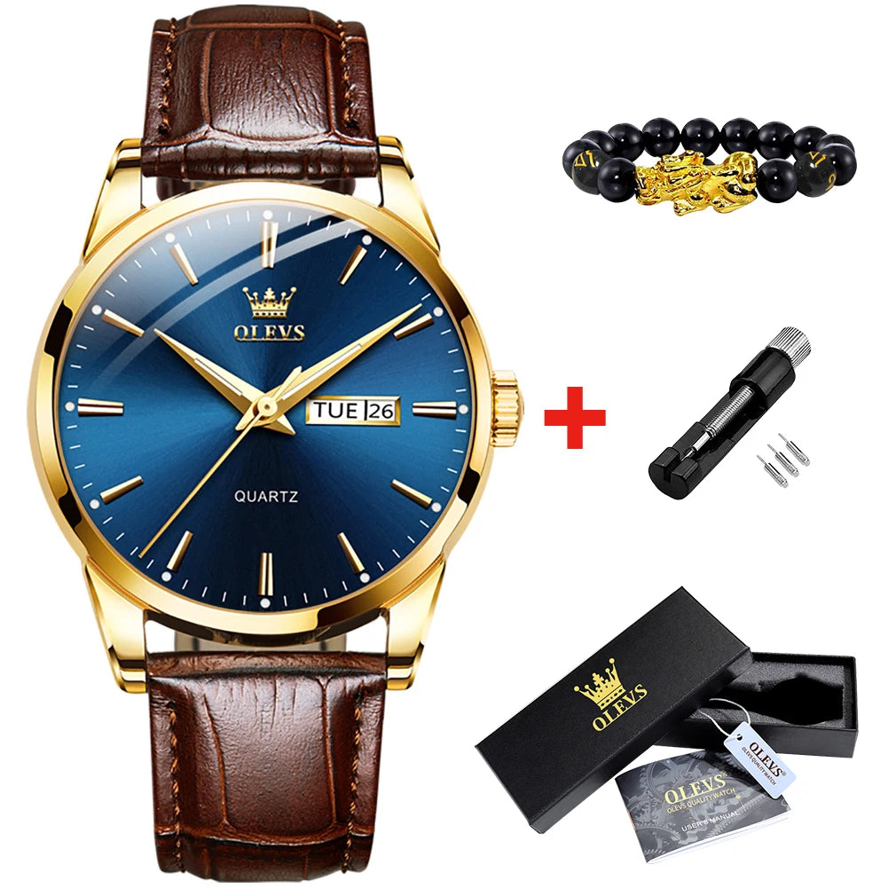 OLEVS 6898 Men's Watch - Simple Blue Face, Waterproof, Leather Strap, Business Casual, Automatic