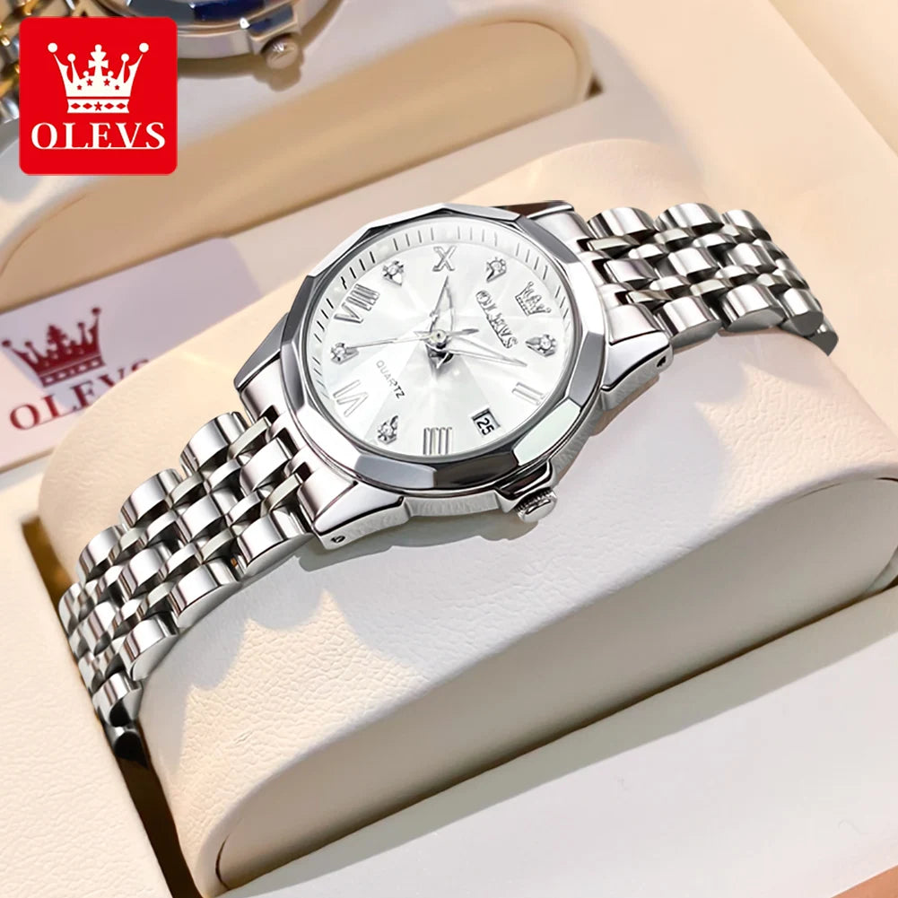 OLEVS 9931 Women's Watch - Stainless Steel, Dual Calendar, Luxury, Waterproof, Jewelry Set