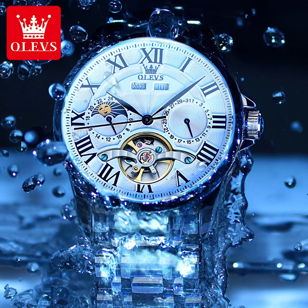 OLEVS 7013 Men's Watch - Moon Phase, Mechanical Automatic, Hollow Flywheel, Waterproof