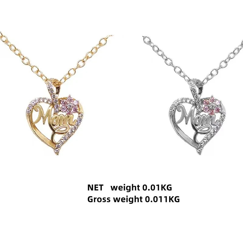Mom Heart Necklace - Gold Plated with Cubic Zirconia