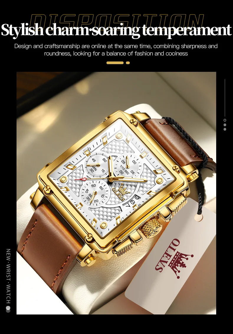 OLEVS 9925 Men's Watch - Luxury Square, Chronograph, Waterproof, Leather Strap