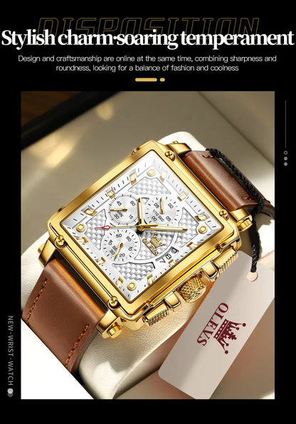 OLEVS 9925 Men's Watch - Luxury Square, Chronograph, Waterproof, Leather Strap