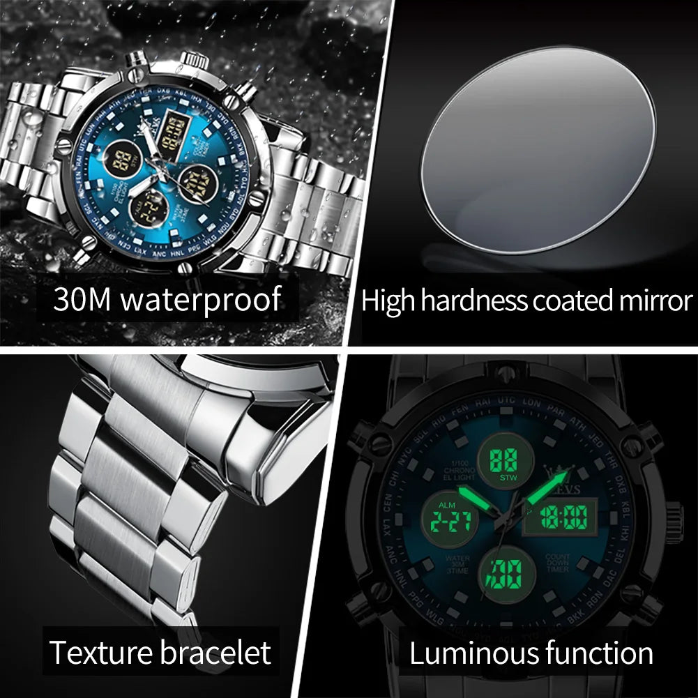 OLEVS Men’s Stainless Steel Multifunctional Analog-Digital Watch