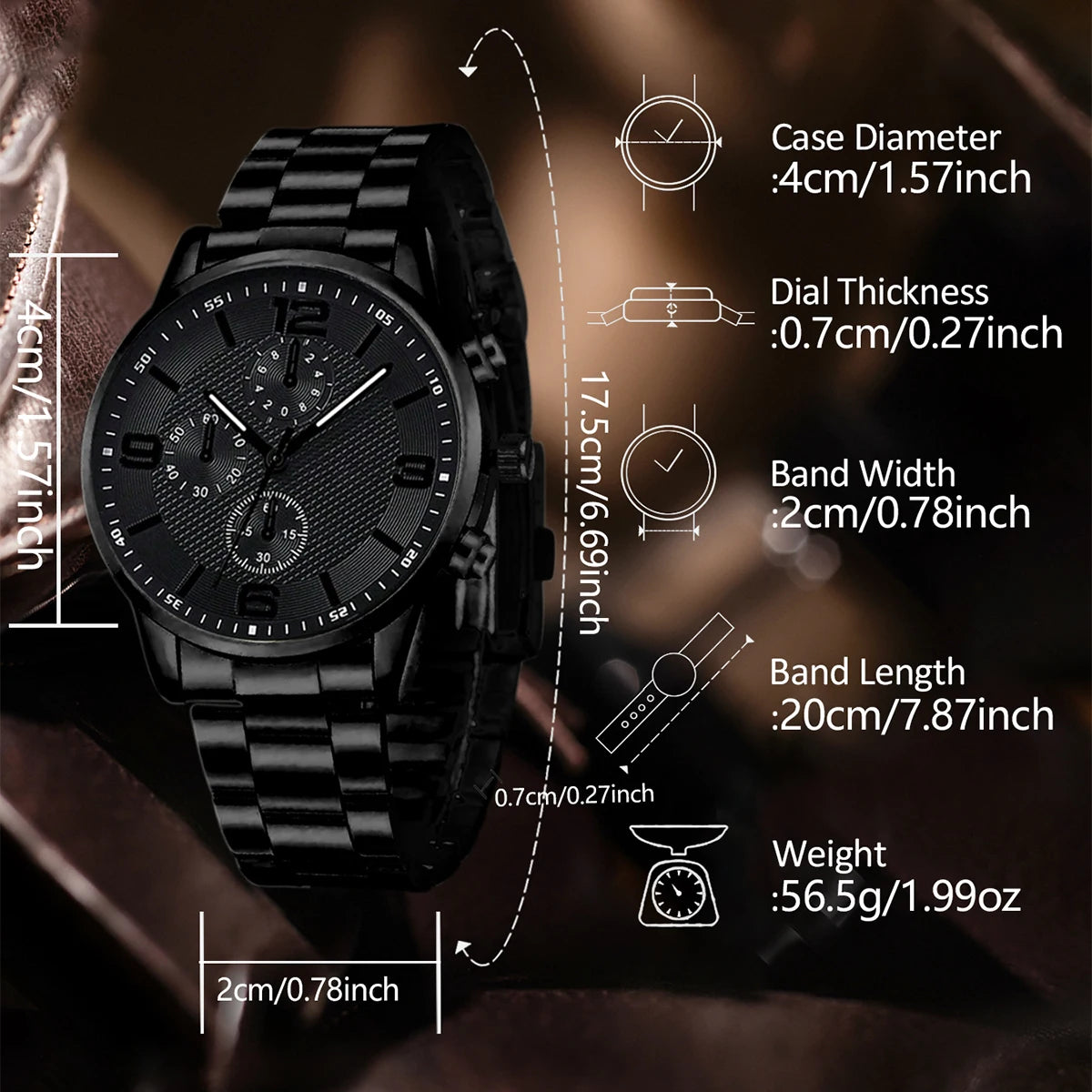 Black Men's Watch Set - Quartz Watch & Jewelry Gift Set