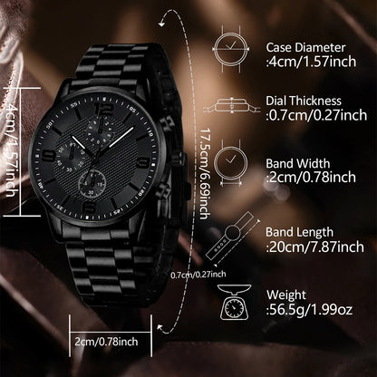 Black Men's Watch Set - Quartz Watch & Jewelry Gift Set