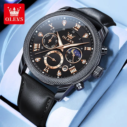 OLEVS 3660 Men's Watch - Moon Phase, Chronograph, Leather Strap, Waterproof, Anti-Magnetic