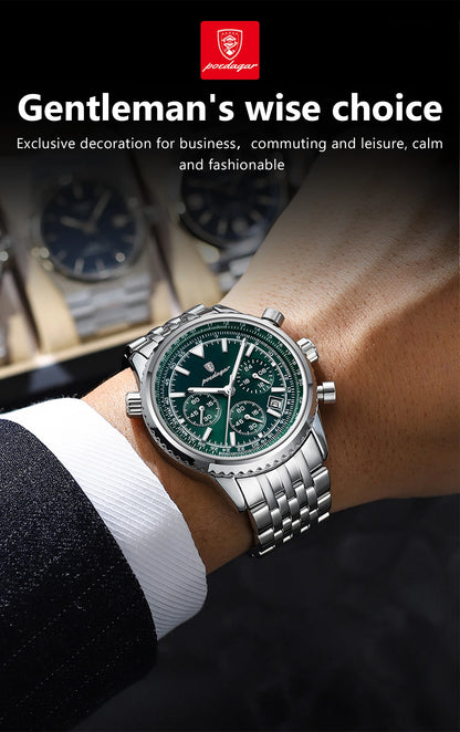 POEDAGAR 960 Men's Luxury Chronograph Watch - Stainless Steel, Luminous, 3ATM, Auto Date