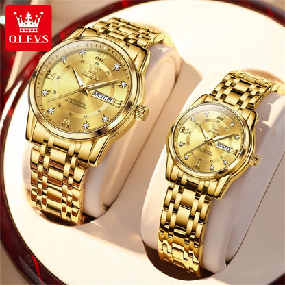 OLEVS 5513 Couple Watch - Stainless Steel, Waterproof, Luxury Gold Diamond, Lover's Pair