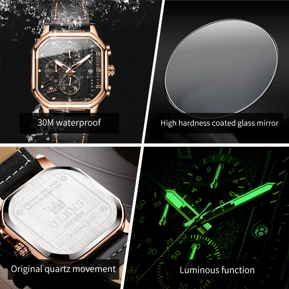 OLEVS 9950 Men's Watch - Square Sport, Waterproof, Leather Strap, Stopwatch, Backlight